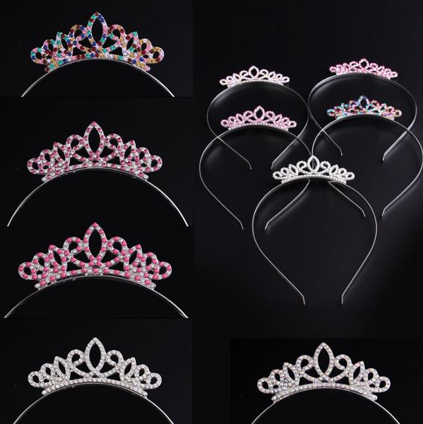 

girls princess rhinestone crown hair sticks kids colorful crystal tiara headband birthday party prom decoration supplies, Slivery;white