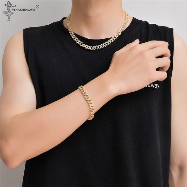 

iced out miami curb cuban chain necklace 9mm paved rhinestones bracelet set men hip hop rapper accessories jewelry chokers, Golden;silver