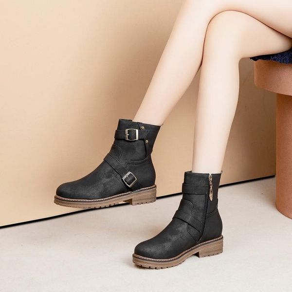 

boots big size 9 10 11-13 women shoes for ladies woman winter buckle side zipper flat heel, Black