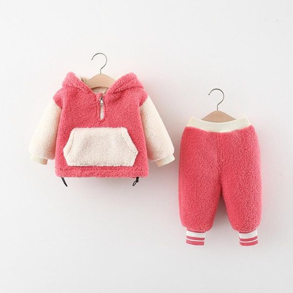 

clothing sets girls 2pcs clothes set baby kids children winter warm velvet pullover ear hooded sweatshirt+long pants thicken suit adk504, White