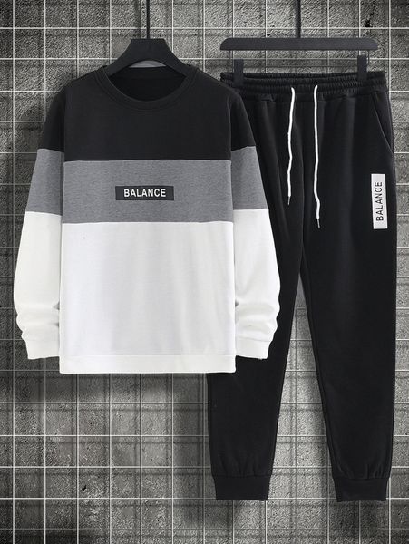 

men letter graphic color block pullover & drawstring waist sweatpants j5sr#, Gray