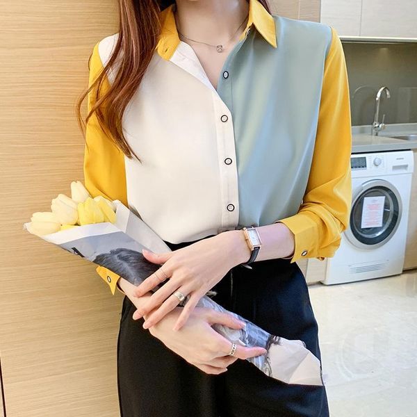 

women's blouses & shirts 2021 spring style temperament lapel shirt fashion contrast color long sleeve korean leisure top, White