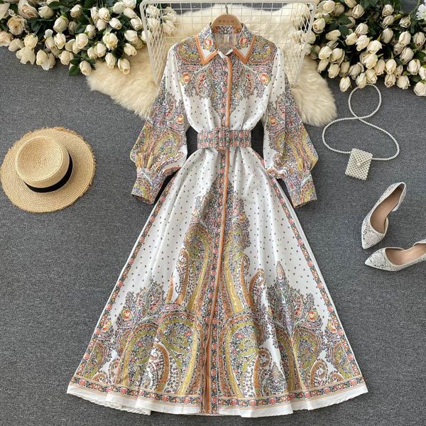 

casual dresses 2021 autumn fashiontemperament vestidos female lapel puff sleeve single-breasted retro printing slim long dress df337, Black;gray