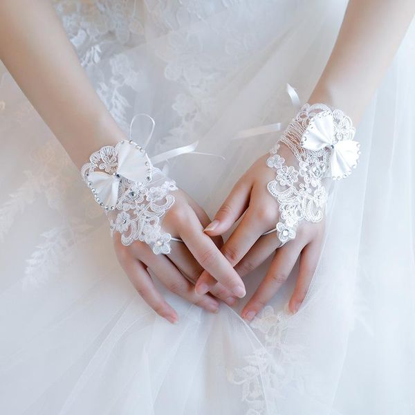 

bridal gloves white ivory 2021 wedding for bride fingerless crystals beaded bow lace glove accessories