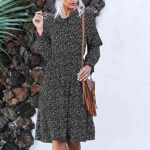 

women's print dress summer autumn casual bow bell sleeve elastic waist midi floral chiffon dress full dress women vestidos 210514, Black;gray