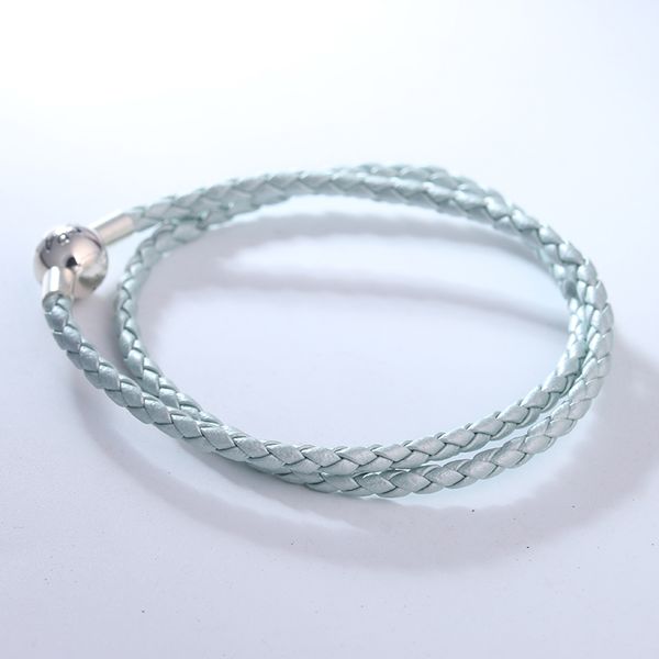 

pearl light blue double leather bracelet fits sterling silver original charms, Golden;silver