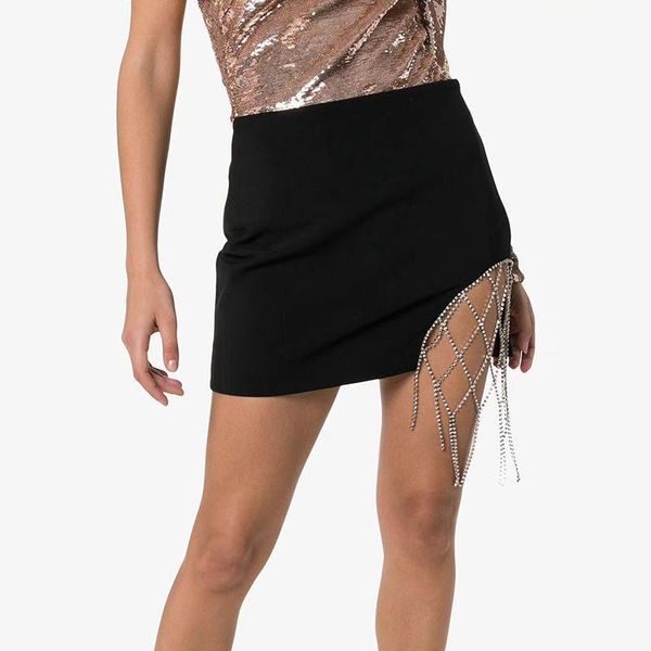 

skirts deive teger 2021 summer style women's mini skirt fashion diamond chain tassels streetwear office lady, Black