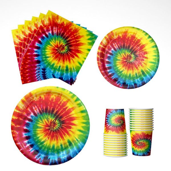 

disposable dinnerware rainbow gradient color tableware set tie dye decorating paper plate cup straw for wedding birthday party supply