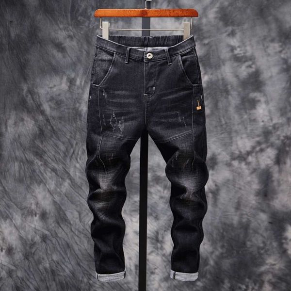 

men 2021 new style herfst and winter stretch jeans thick feet slim broek rubber band black men's dress loose and versatile, Blue