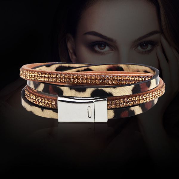 

2021 selling leopard print diamond double ring bracelet leather jewelry, Golden;silver