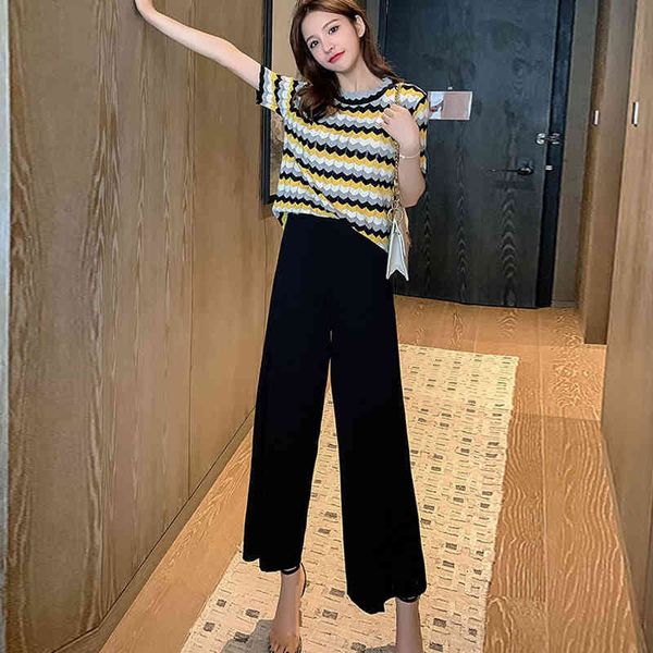 

women's tracksuits summer short sleeve knitted sets women fashion stripe knitwear t-shirt + casual solid wide leg pants korean sty, Gray