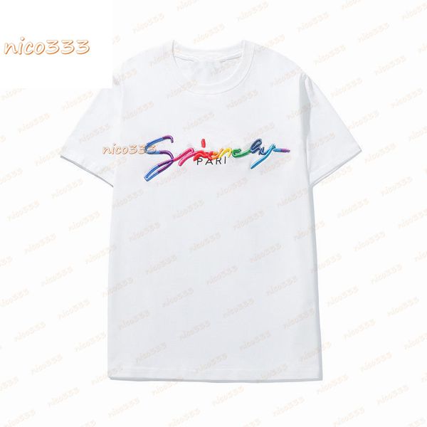 

t shirt spring summer tide brand rainbow color signature embroidery letter men and women couples short-sleeved t-shirt fashion all-match top, White;black