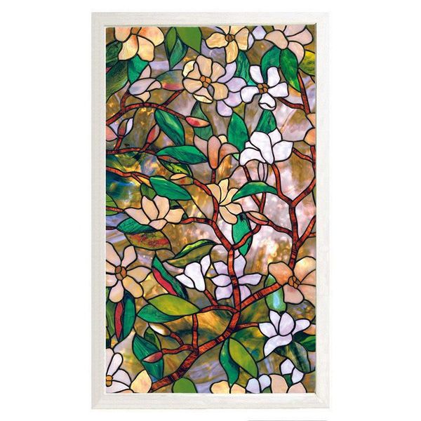 Adesivos de janela 200 cm comprimento de filme estático filme magnolia flor opaca adesivo de vidro privado para armário de porta superfície da mesa