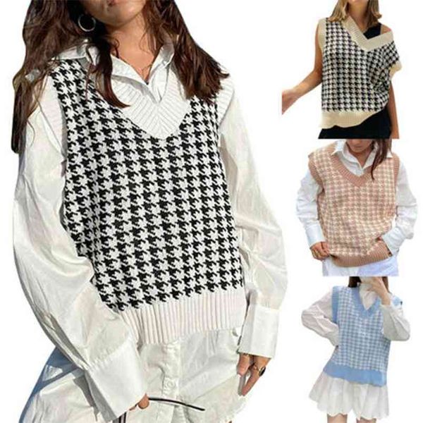 

women sweater vest loose-fitting v-neck sleeveless plaid print fashiladies elegant streetwear 210522, Black;white
