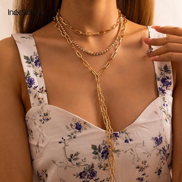 

chains ingesight.z 3pcs/set rhinestones crystal choker necklace multi layered gold color link chain long necklaces for women jewelry, Silver