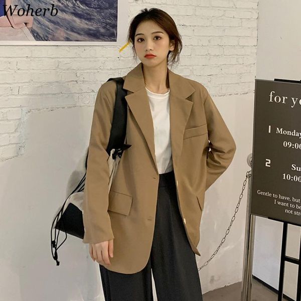 

women's suits & blazers woherb vintage women korean chic temperament turn-down collar solid coat autumn long sleeve loose all-match jac, White;black