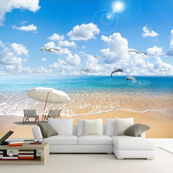 

wallpapers drop custom 3d po wallpaper sandy beach seascape sea wave sofa tv background wall decoration mural de parede