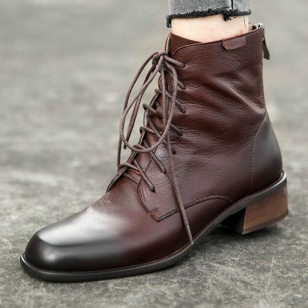 

boots women ankle genuine cow leather lace-up square toe autumn winter ladies shoes handmade 2021, Black