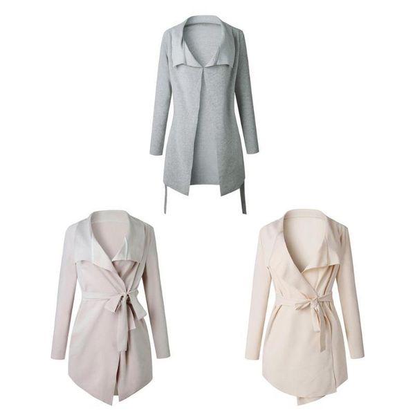 

women's trench coats women long coat cardigan autumn open stitch slim windbreaker waterfall collar irregular outwear with belt, Tan;black