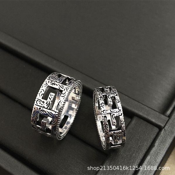 

retro letter hollow stripe ring men's and women's 925 carved couple fashion gift exclusive fine jewel, Silver