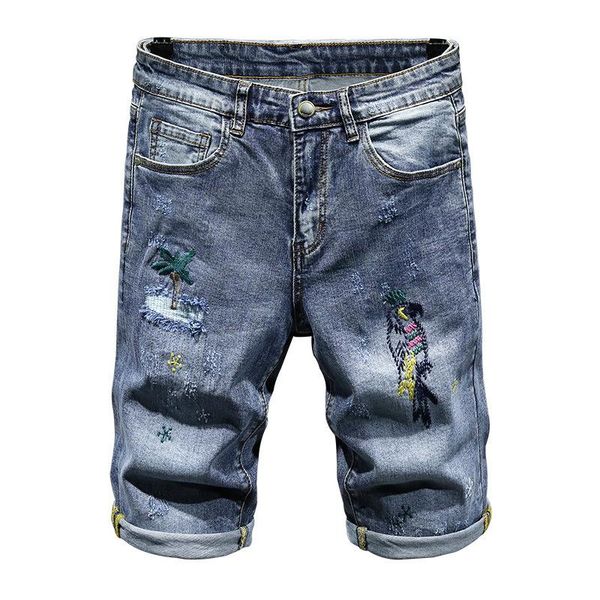 

men's jeans korean short men embroidery pants summer streetwear fashion light blue ripped denim shorts for
