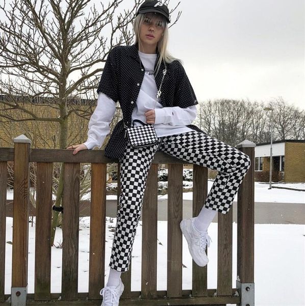 

women's pants & capris black and white plaid back zip casual, Black;white