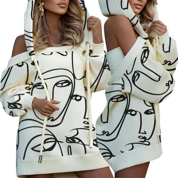 

casual dresses off shoulder long hoodie sweatshirt women solid drawstring hooded pullover autumn winter sweatshirts, Black;gray
