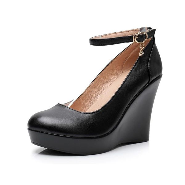 

dress shoes toacek fashion ankle strap high wedges platform pumps for women casual genuine leather black work heels