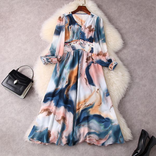 

european and american women's wear spring 2022 new long sleeve lantern sleeve v collar fashionable blue floral pleated dress, Black;gray