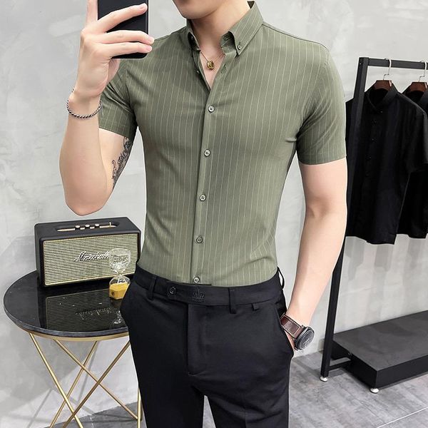 

british style summer short sleeve striped dress shirt men clothing 2021 simple all match slim fit business formal wear blouses men's sh, White;black