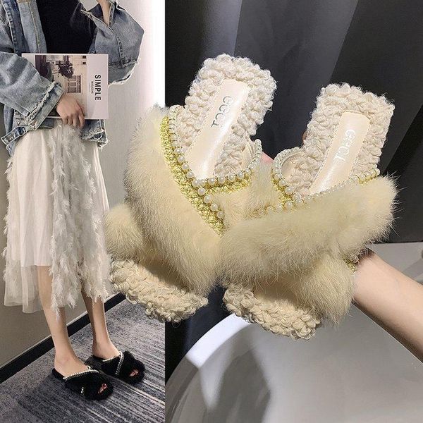 

slippers women fur slipper winter slides fashion summer beach chic pearl decoration flat heel slip, Black