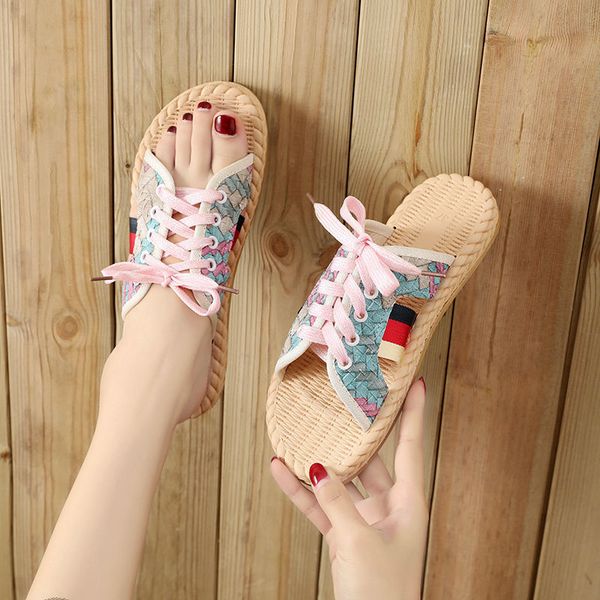 

2022 summer women weaving slippers female fashion lace-up outdoor non-slip slides student flat flip-flops beach shoes 35-40, Black