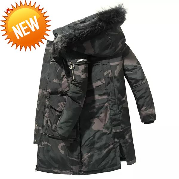 

winter down jacket men -30 degrees warm white duck camouflage coat fur collar windbreaker long parkas coats size m-3xl, Black