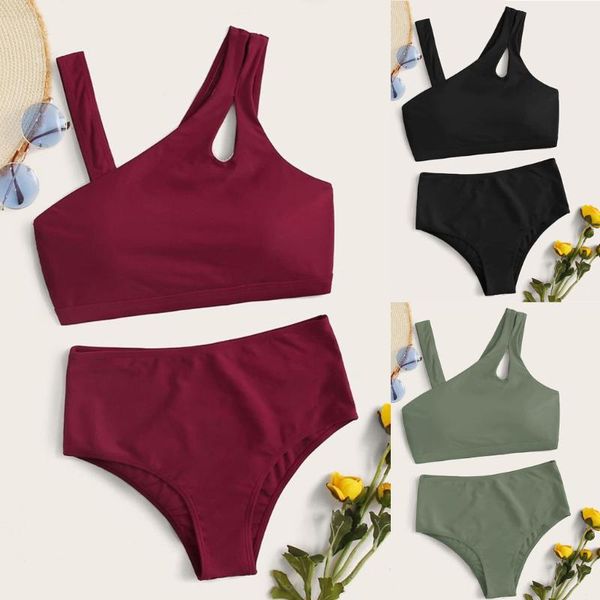 

summer women's sloping shoulder hollow out high waisted solid colors bikini set swimsuit swimwear beachwear stroje kapielowe#p4 two-pie
