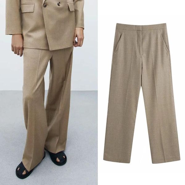 

women's pants & capris spring za 2021 khaki casual midi waist woman trouser loose female fashion plus sizes pocket button suit, Black;white