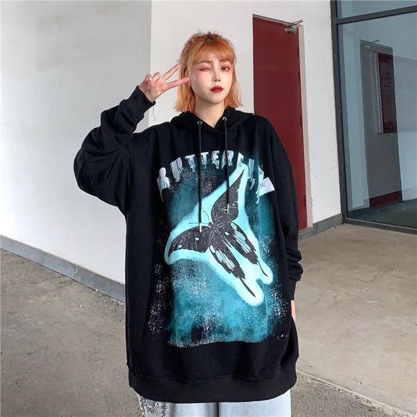 

women's hoodies & sweatshirts qweek 2021 autumn butterfly animal oversized hoodie vintage black korean fashion hooded sweatshirt female
