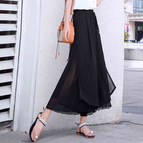

chiffon slit nine wide leg pants summer high waist drape casual loose culottes female solid bohemia skirt 882f 210420, Black;white
