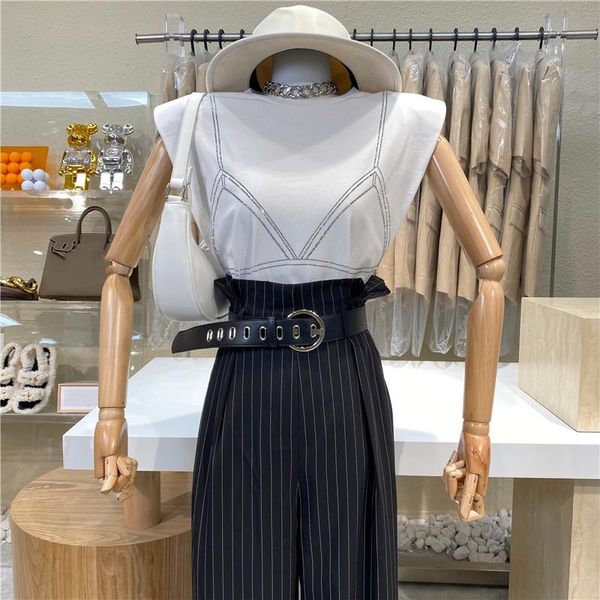 

brand original design 2021 heavy industry drilling stitching fake two t-shirts loose shirt sleeveless bottom women's t-shirt, White