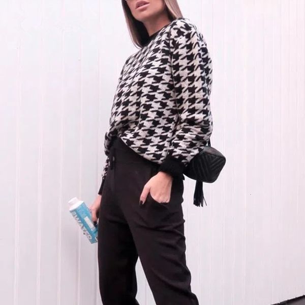 

pant european autumn winter fashion women houndstooth mesh retro sweater, White