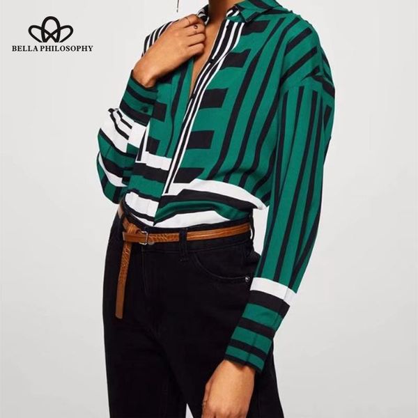 

women's blouses & shirts philosophy 2021 women casual female striped printed blouse green turn down collar full sleeve loose basic blu, White