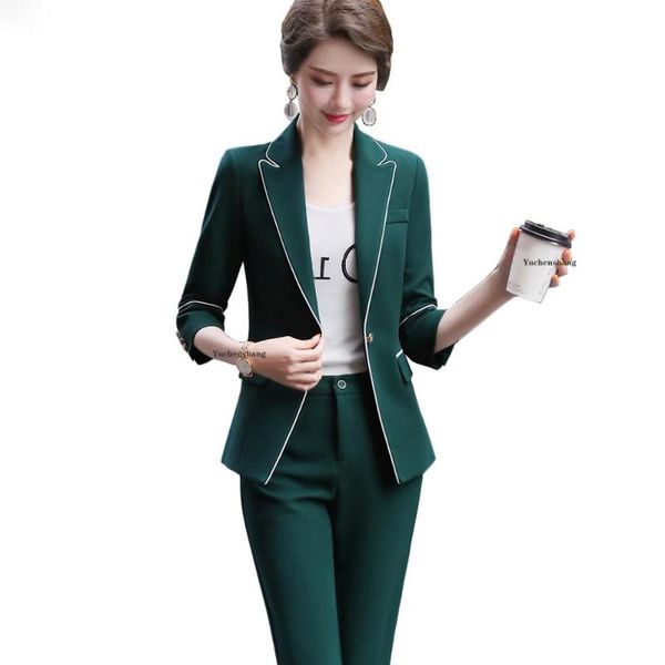 

green red pink two pieces set women pant suit size s-5xl three quarter sleeve jacket blazer with casual for lady women's piece pants, White