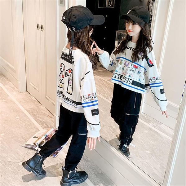 

kids fashion girl children girls clothes suit cartoon butterfly hoodies pants 2pcs sets clothing 6 8 10 12 14y, White
