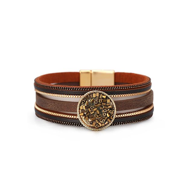 

women's bracelet bohemian multilayer leather wide edge fashion magnetic buckle bracelet, Black