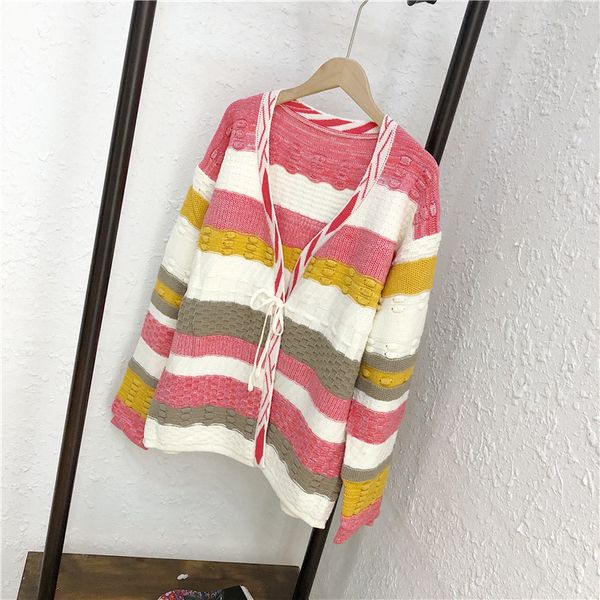 

autumn / winter 2020 new stripe loose color long sleeve lace up lazy style knitted cardigan coat, White