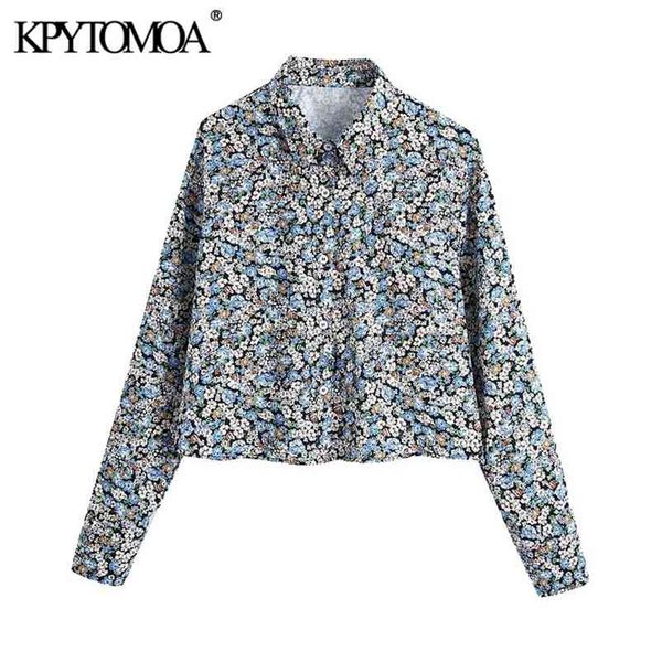

women fashion floral print loose cropped blouses vintage long sleeve button-up female shirts chic 210421, White