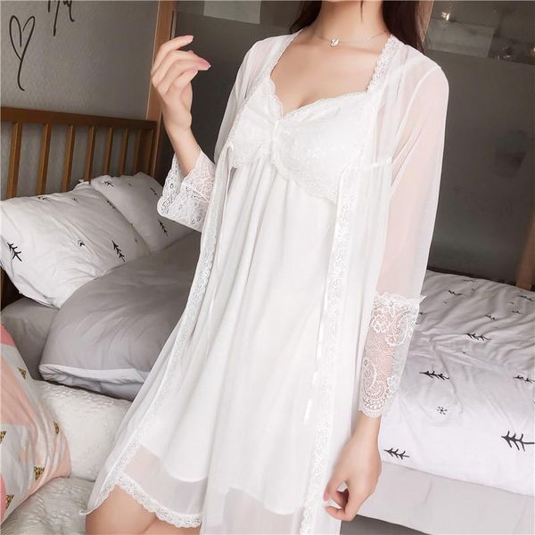 

women's sleepwear mesh two-pieces robe set with chemise nightwear female suspender nightdress lace princess style bathrobe summer night, Black;red
