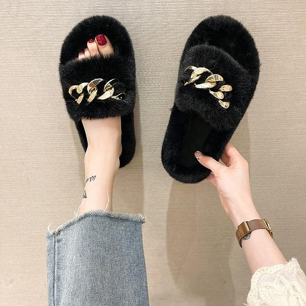 

slippers furry women casual thick-soled flat-bottomed warm plush females lady shoes 2021 for home, Black