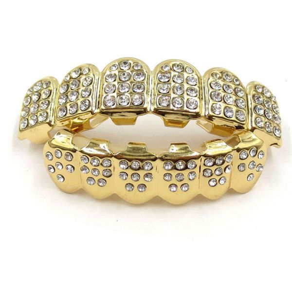 

a set of shiny diamond inlaid hip-hop braces with gold-plated upper and lower teeth, Silver
