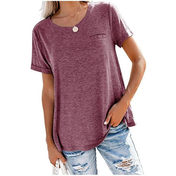 

women t-shirts round neck pockets solid color loose short-sleeved women's t-shirt, White