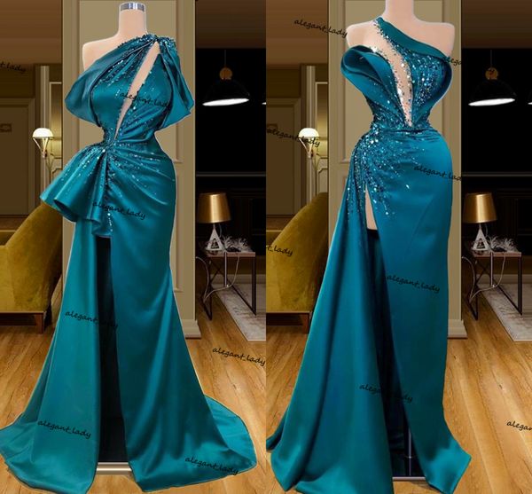 Split Slit Prom Kleider Eine Schulter Perlen Dubai Arabisch Hunter Abendkleider 2 Stile Lange Party Nacht Kleid Vestido De fiesta